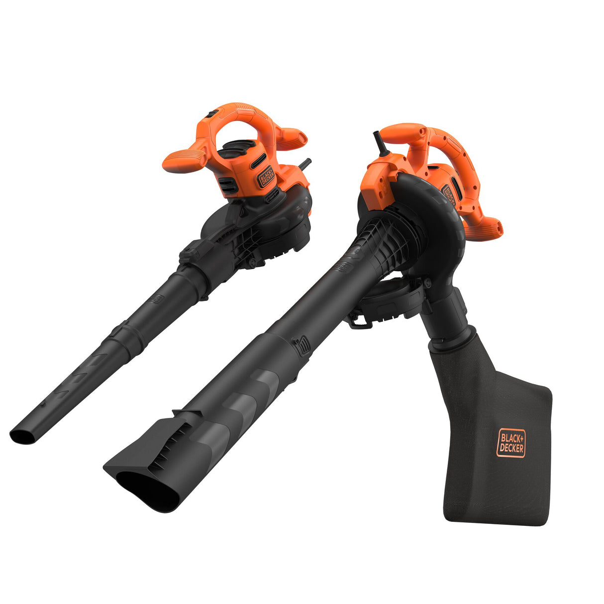 Aspirateur-souffleur-broyeur BLACK+DECKER 2600W avec système bi-tube, tube de soufflage et broyage, en action.