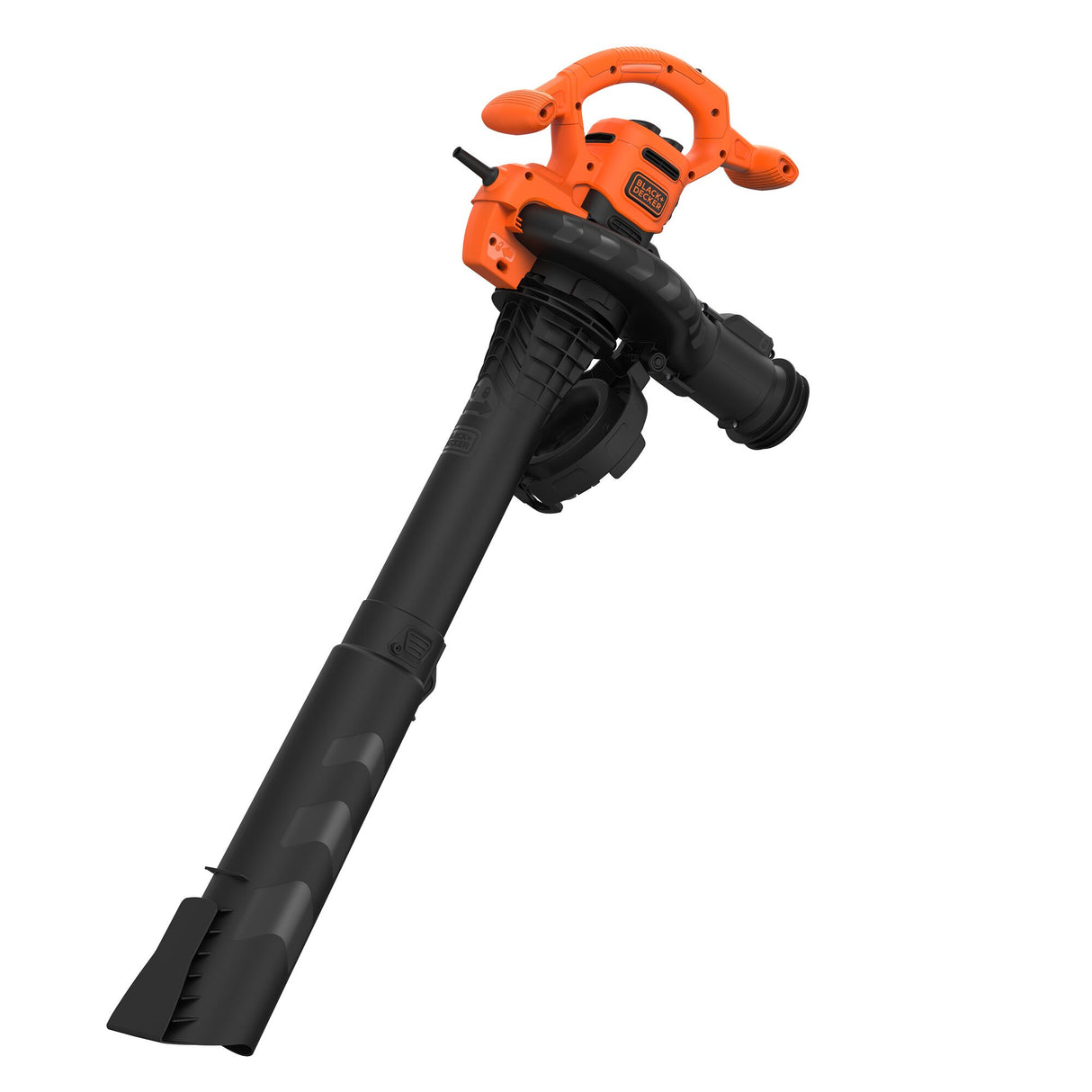Aspirateur-souffleur-broyeur BLACK+DECKER 2600W avec système bi-tube, montrant l'appareil portable pour le nettoyage extérieur.