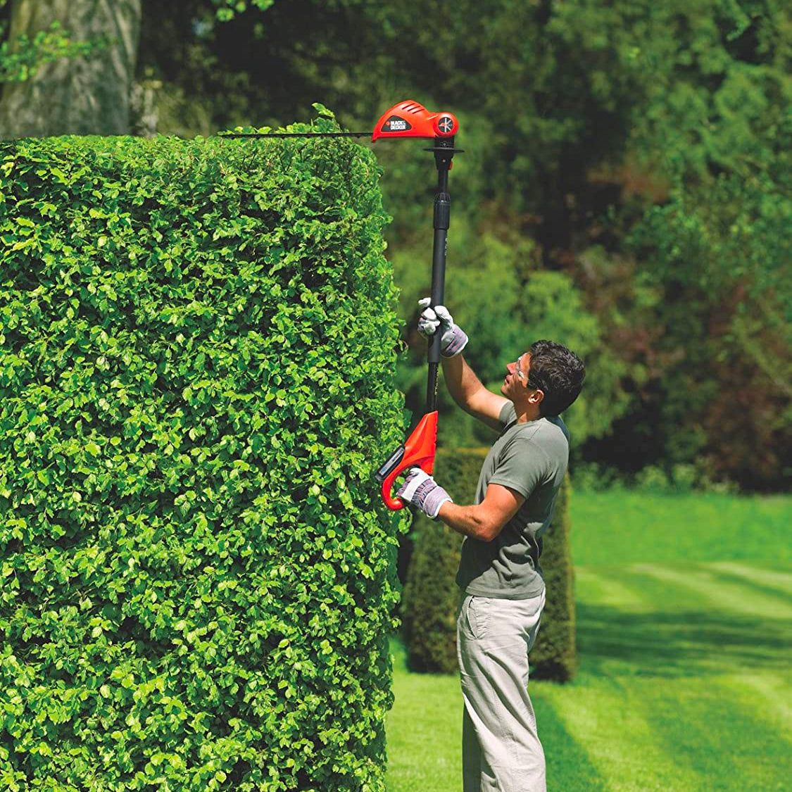 Taille-haies sans fil BLACK+DECKER lithium 18V, longueur de 43cm, coupe longue portée, sans batterie visible.