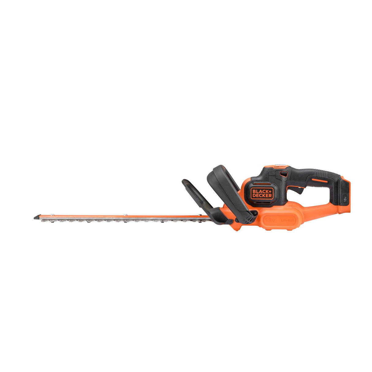 Taille-haie Black+Decker orange et noir, outil de jardinage électrique.