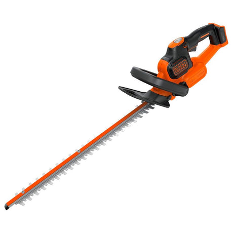 Taille-haie Black+Decker électrique, couleur orange et noir, outil de jardinage.