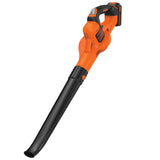 Souffleur de feuilles Black+Decker orange et noir, outil de jardinage électrique.