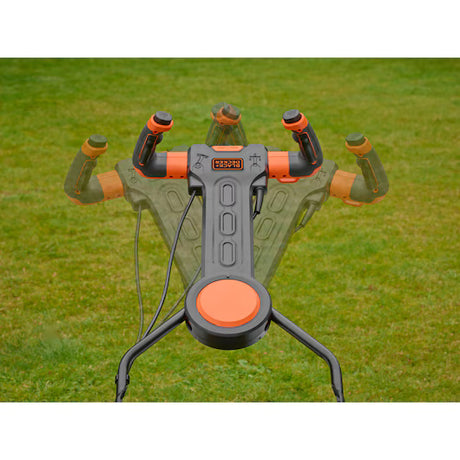 Tondeuse filaire BLACK+DECKER EASYSTEER avec moteur 1800 W et lame de 42 cm, vue de côté avec bouton de réglage.