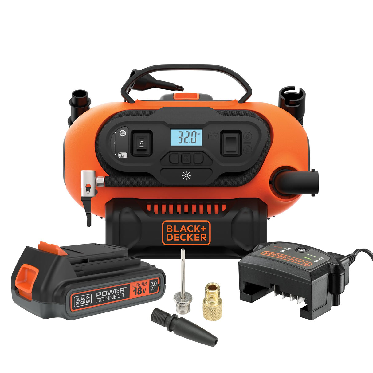 Compresseur portatif Black+Decker, orange et noir, affichage digital, accessoires inclus.