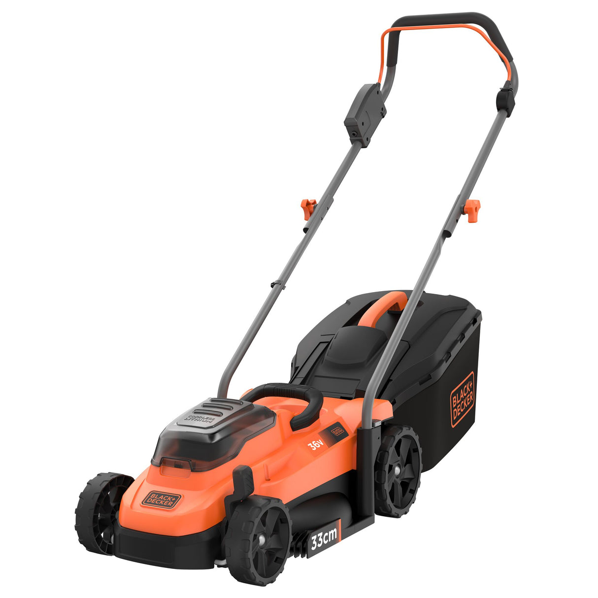Tondeuse sans fil BLACK+DECKER de 33 cm, 36V, avec une batterie 2,5Ah, pour l'entretien du jardin.