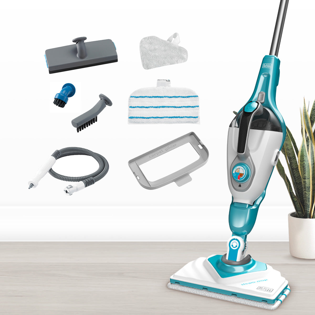 Nettoyeur vapeur Black+Decker, balai multifonction bleu avec accessoires, pour sols