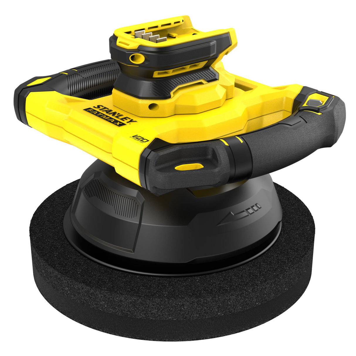 Polisseuse Stanley, outil électroportatif jaune et noir, poignée ergonomique.