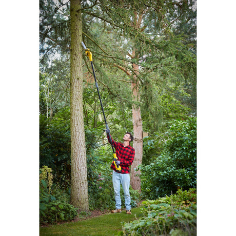 Homme utilisant une élagueuse télescopique jaune de marque Ryobi pour tailler une branche d'arbre.