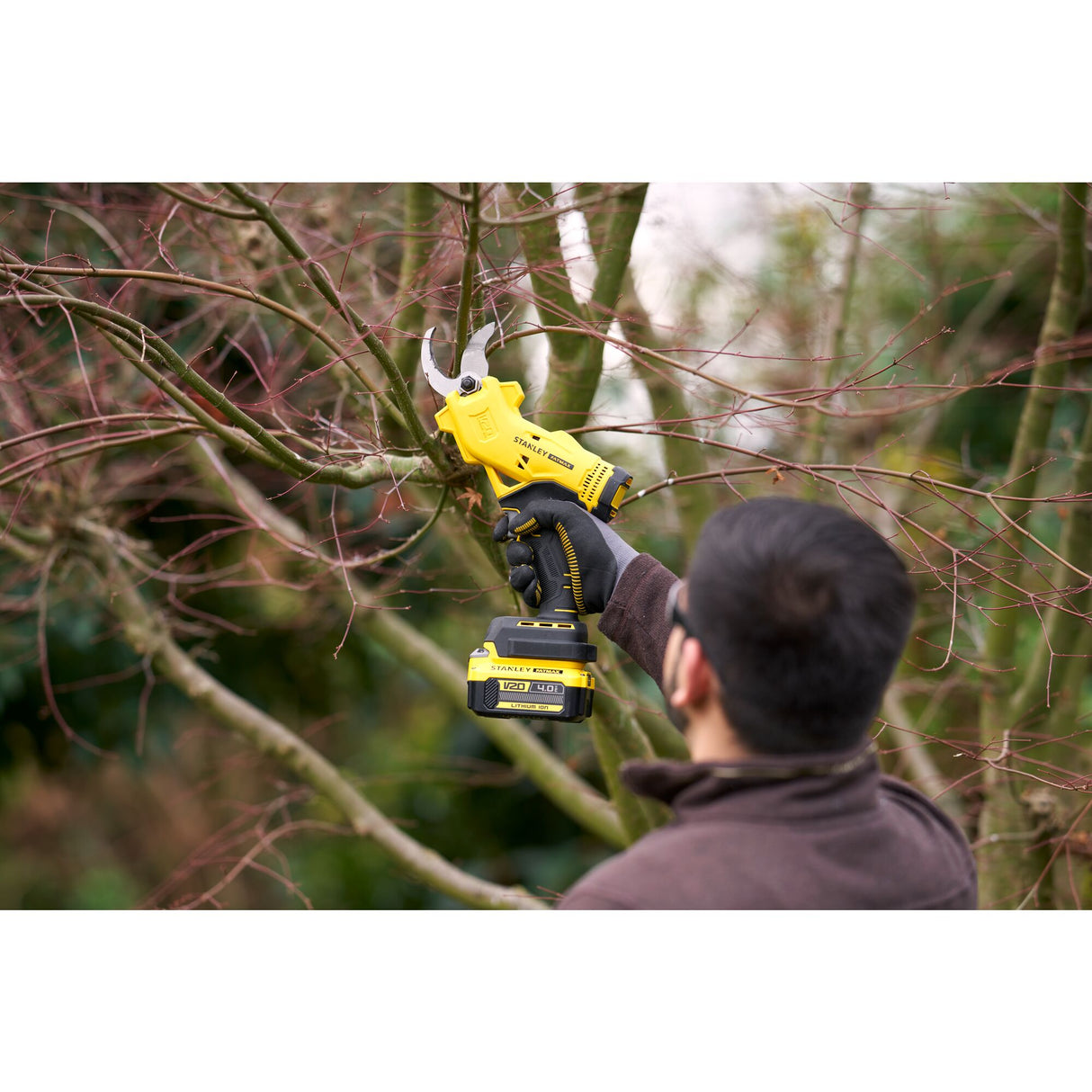 Sécateur électrique Stanley jaune utilisé pour tailler des branches d'arbre