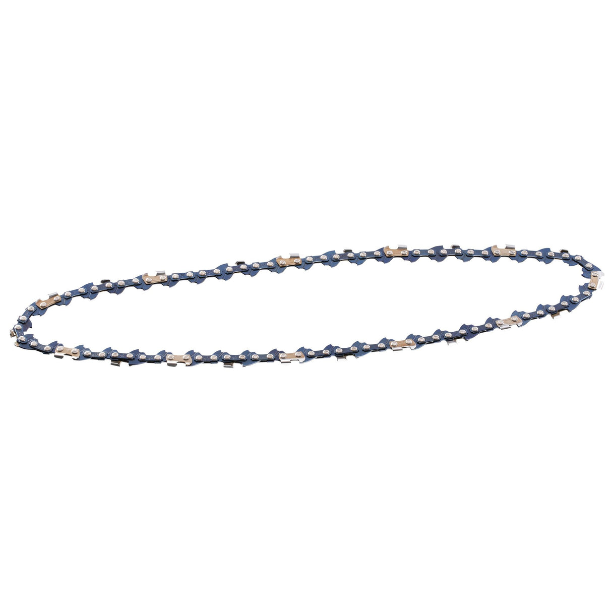 Chaîne de tronçonneuse bleue et argent, marque Oregon, accessoire de coupe bois.