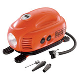 Compresseur Black+Decker, gonfleur électrique portable de couleur orange, avec accessoires.
