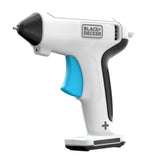 Pistolet à colle Black+Decker, blanc avec gâchette bleue, outil électroportatif.