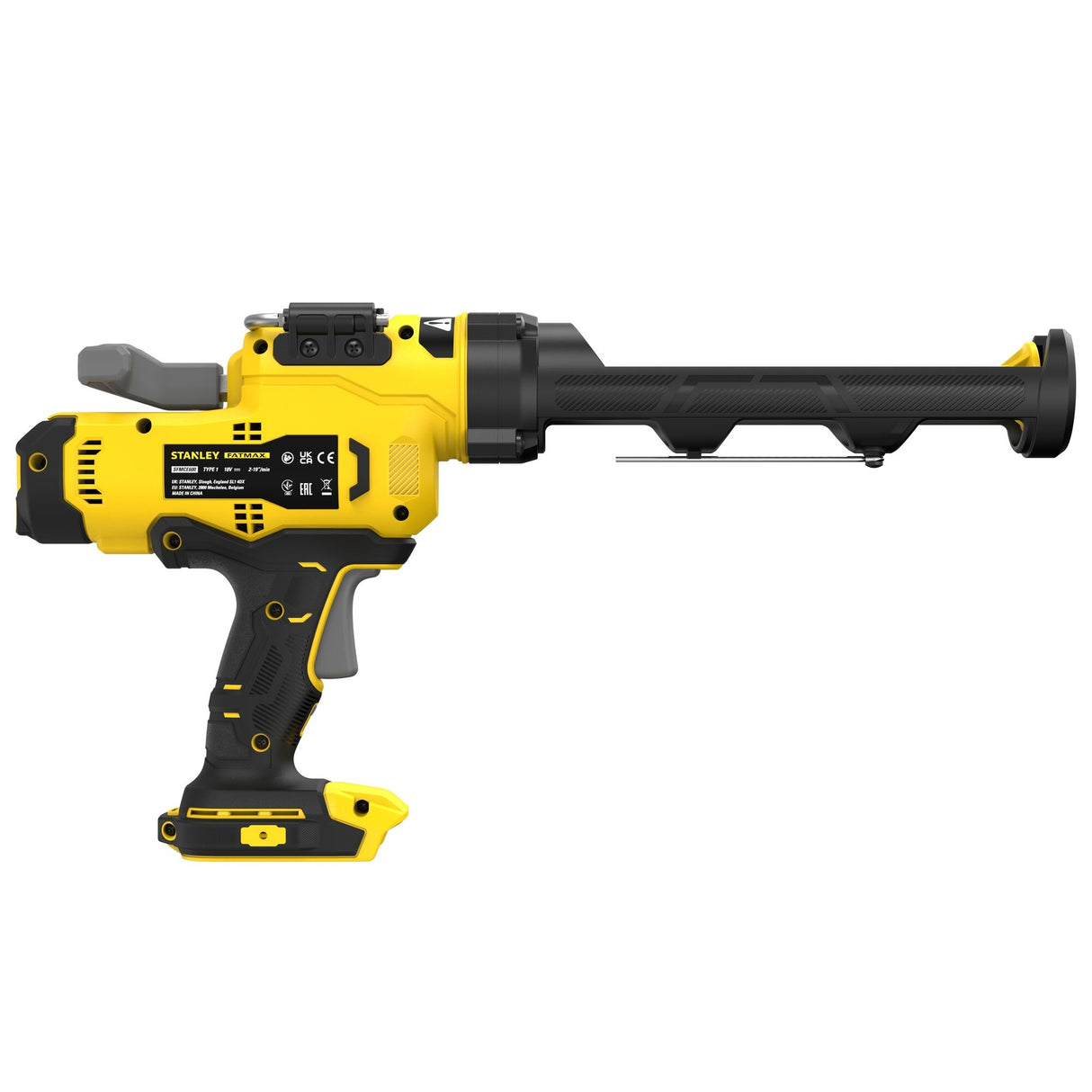 Pistolet extrudeuse électrique Stanley, outil de couleur jaune et noir, vue latérale.