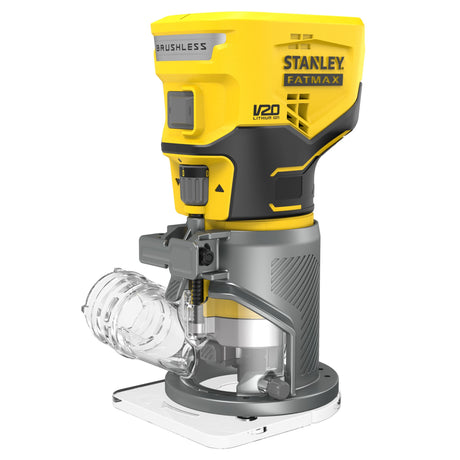 Défonceuse compacte Stanley Fatmax, outillage électroportatif jaune et gris.