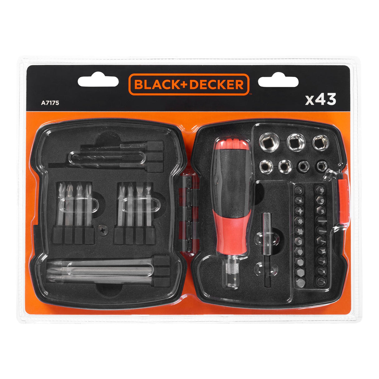 Coffret de tournevis à cliquet BLACK+DECKER avec 43 embouts de clés et douilles, outil manuel pratique pour réparation.