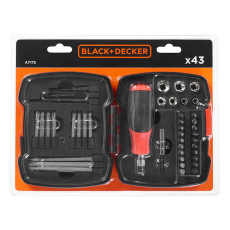 Coffret de tournevis à cliquet BLACK+DECKER avec 43 embouts de clés et douilles, outil manuel pratique pour réparation.
