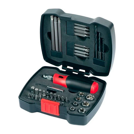 Coffret de clés et douilles BLACK+DECKER avec tournevis à cliquet manuel et 43 embouts, accessoires pour bricolage.