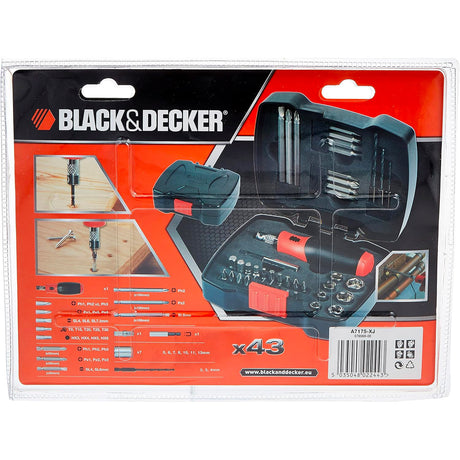 Coffret de tournevis à cliquet BLACK+DECKER avec 43 embouts de clés et douilles, outil manuel pour bricolage et réparation.