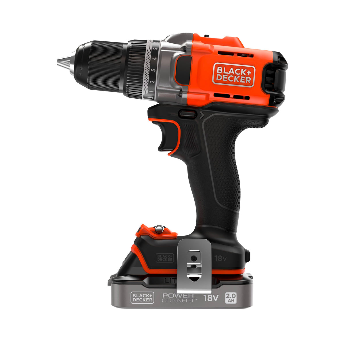 Perceuse et visseuse BLACK+DECKER 18V sans brosse, en mallette avec 2 batteries 2Ah, design éco-responsable.