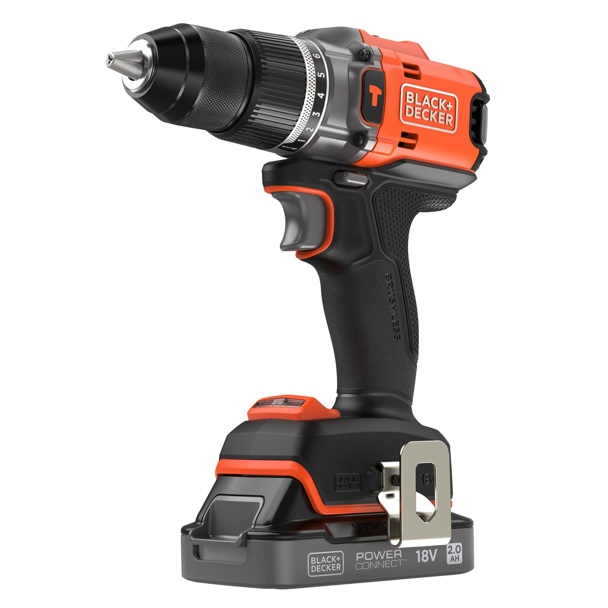 Perceuse visseuse à percussion BLACK+DECKER 18V sans balais, en mallette avec 2 batteries 2Ah, design éco-responsable.