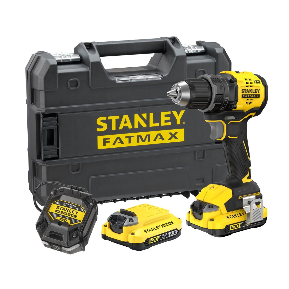 Perceuse-visseuse sans fil Stanley jaune et noire avec batteries et coffret.