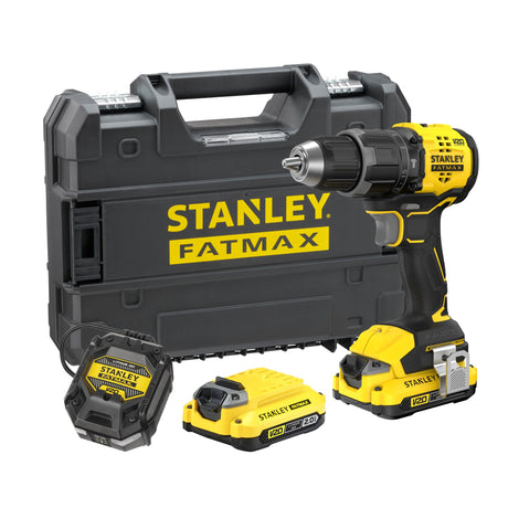Perceuse sans fil Stanley FATMAX, couleur jaune et noire, avec coffret et accessoires.
