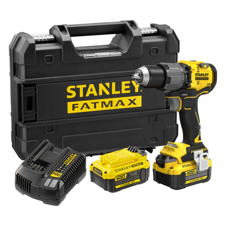 Perceuse sans fil Stanley Fatmax jaune et noire avec batteries, chargeur et mallette