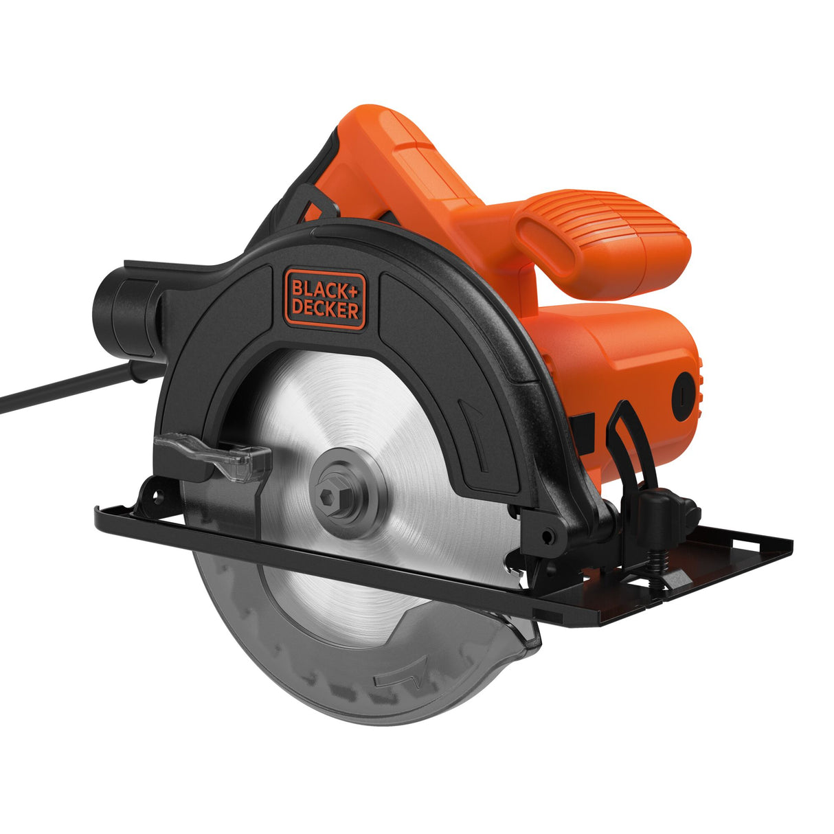 Scie circulaire Black+Decker orange et noire, outil électroportatif de coupe.