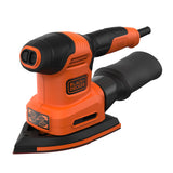 Ponceuse triangulaire Black+Decker orange et noire, outil électroportatif pour ponçage bois.