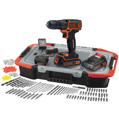 Perceuse-visseuse Black+Decker noire et orange, avec coffret, accessoires et batterie 18V.
