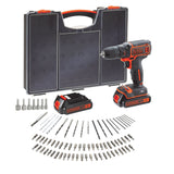 Perceuse-visseuse sans fil BLACK+DECKER, noire et orange avec coffret et accessoires.