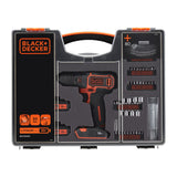 Perceuse Black+Decker sans fil 18V noire et orange avec coffret accessoires.
