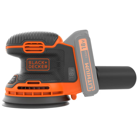 Ponceuse excentrique Black+Decker sans fil, orange et noire, 18V lithium.