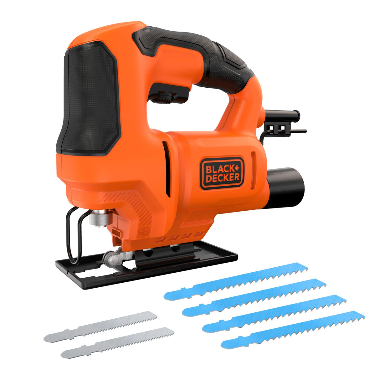 Scie sauteuse orange Black+Decker avec lames, outil électroportatif pour bois et métal
