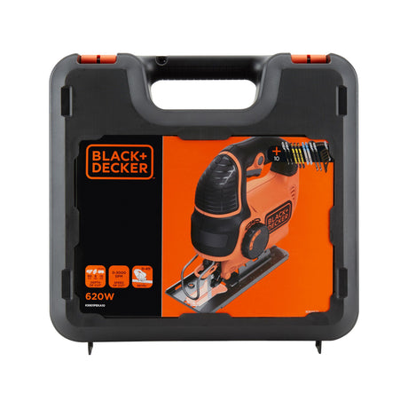 Scie sauteuse BLACK+DECKER orange et noire avec mallette, outil électroportatif.