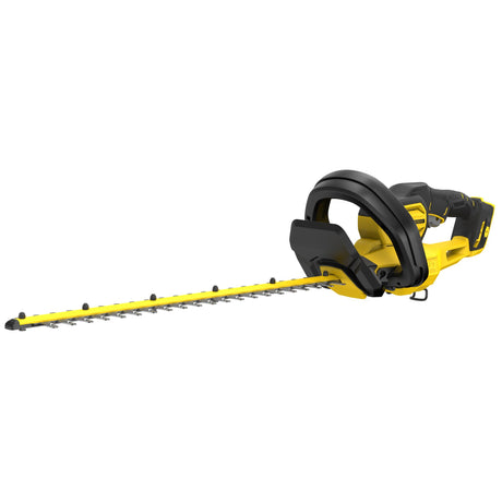 Taille-haie sans fil DeWalt, outil jaune et noir, marque DeWalt visible.