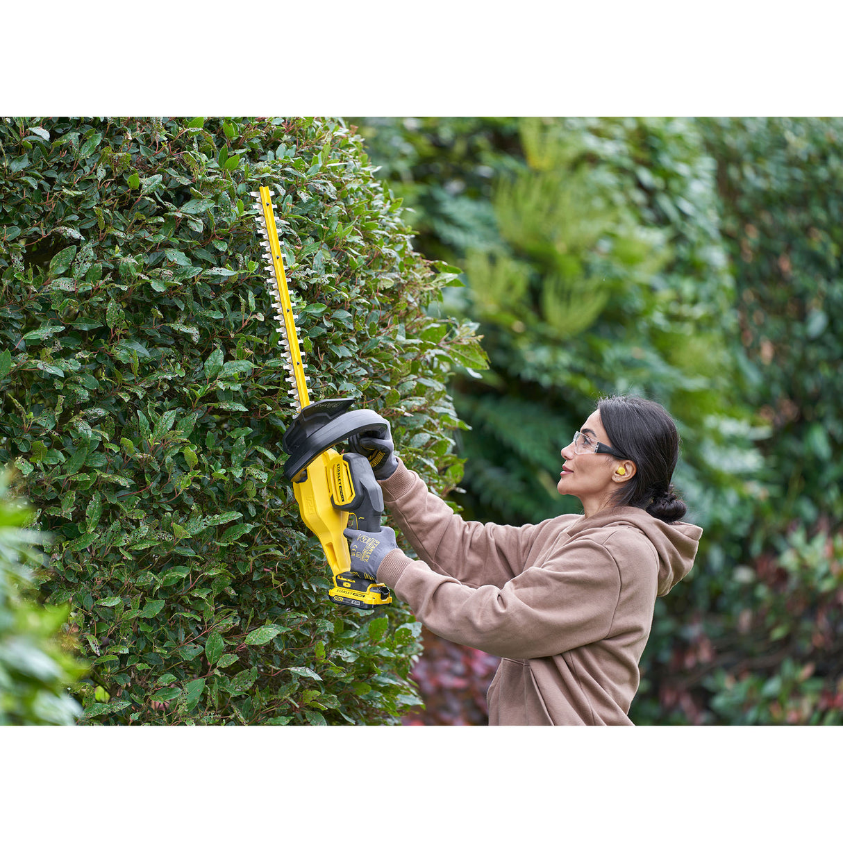 Taille-haie jaune DeWalt utilisé pour tailler une haie, outil électrique de jardinage.