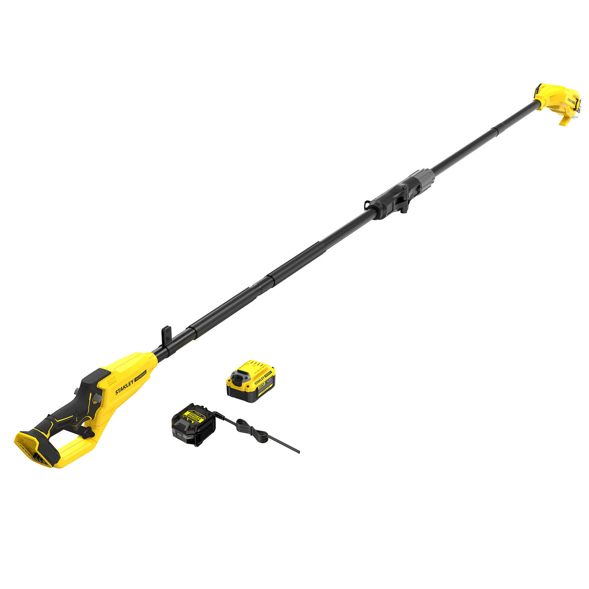 Élagueuse télescopique Stanley, couleur jaune et noir, avec batterie et chargeur.