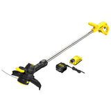 Coupe-bordure Stanley jaune et noir avec batterie et chargeur.
