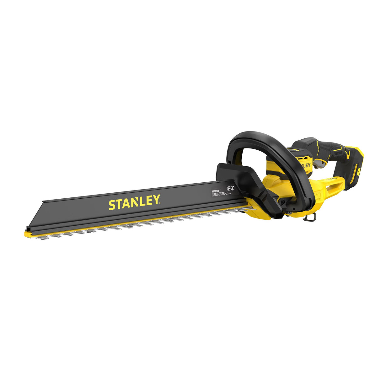 Taille-haie Stanley, outil électrique, couleur jaune et noir, lame longue visible.