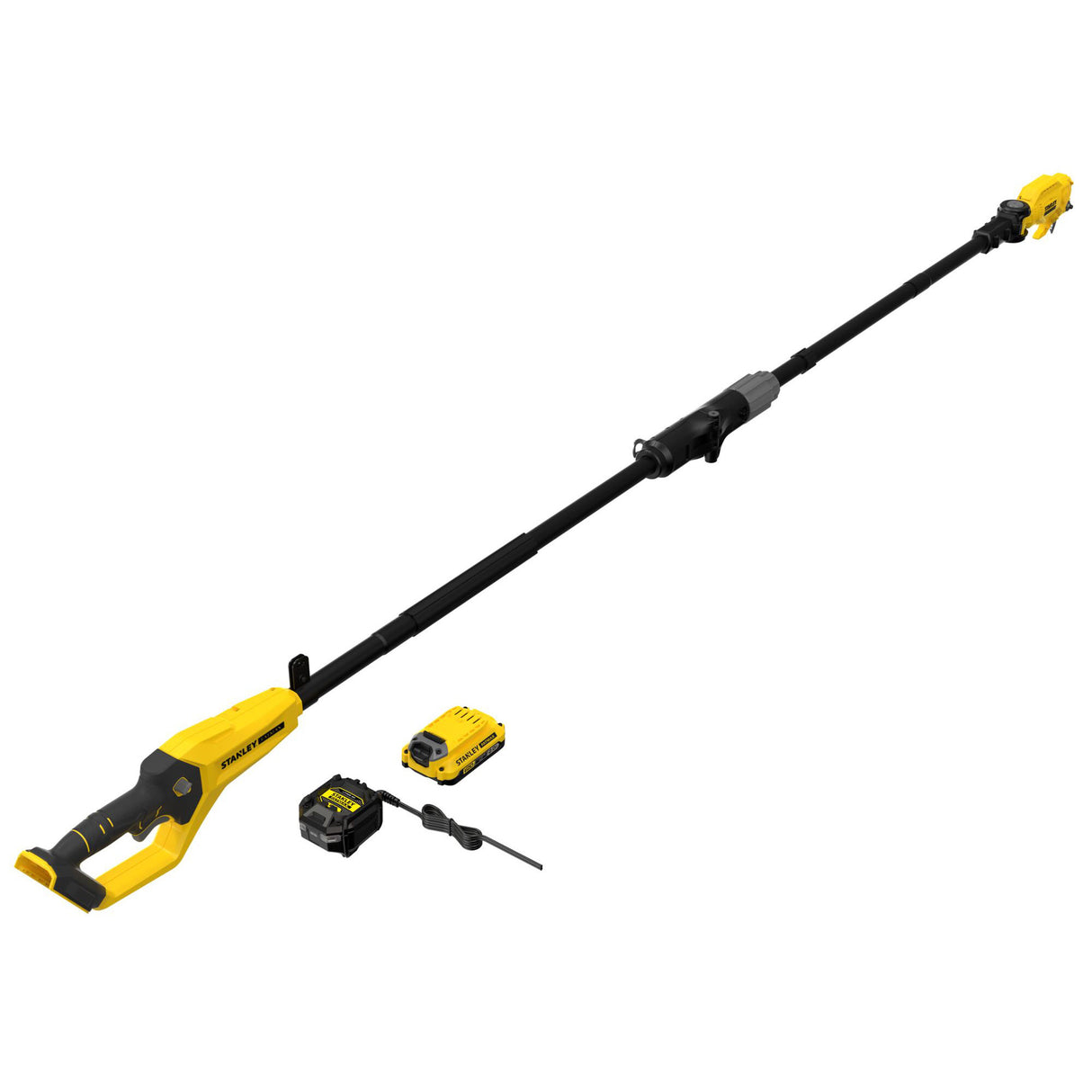 Élagueuse sur perche Stanley, outil de jardin jaune et noir avec batterie et chargeur.