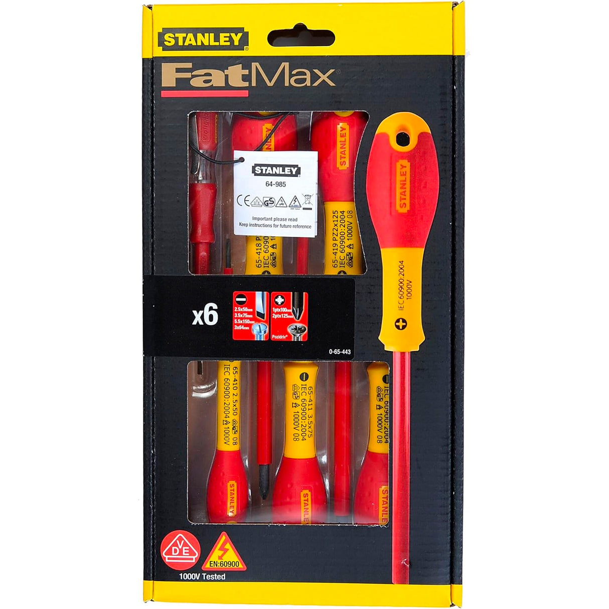Set tournevis isolés Stanley FatMax rouge et jaune, lot de 6 pièces, outillage
