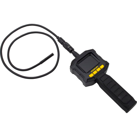 Caméra d'inspection noire Stanley avec écran et boutons jaunes, type endoscope