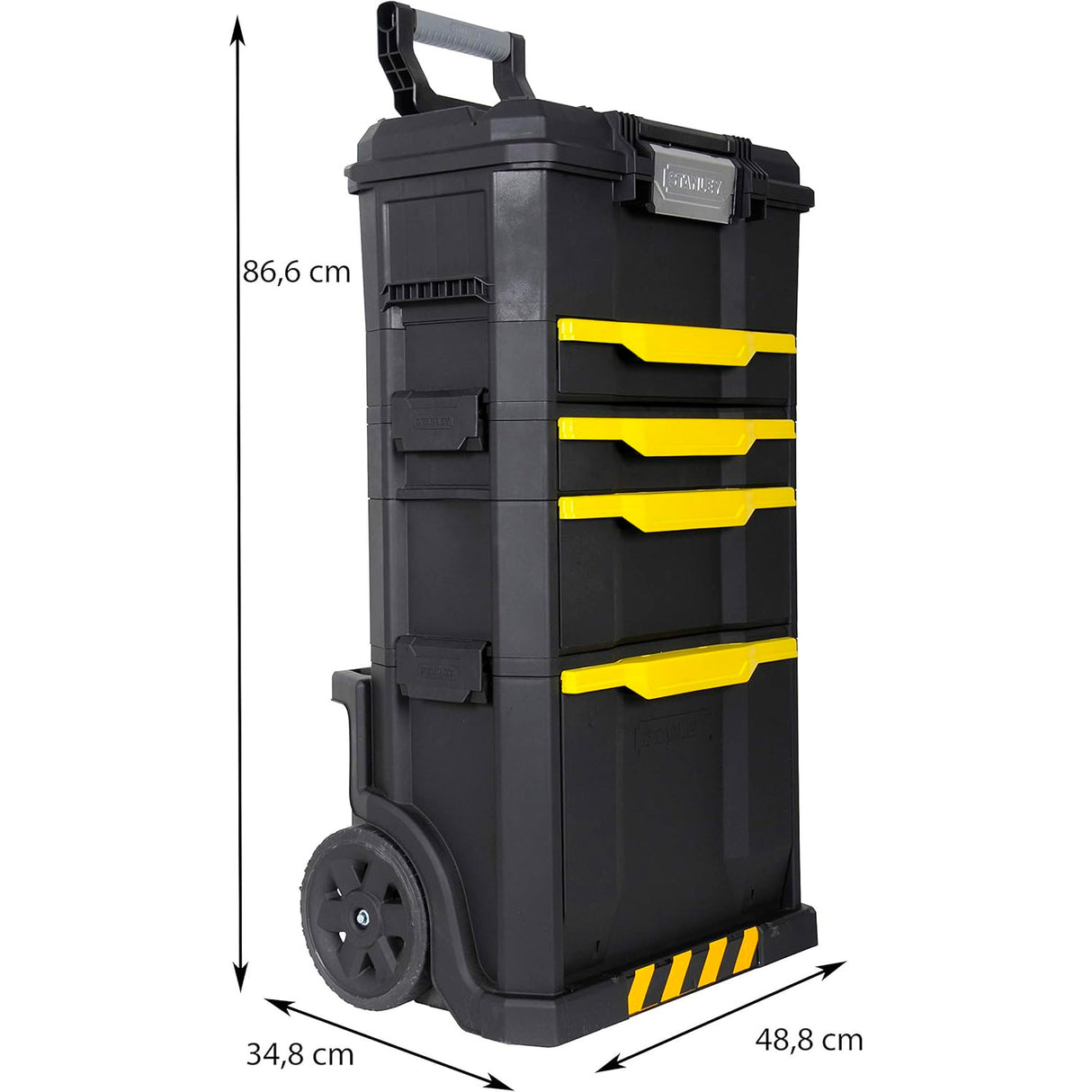 Coffre à outils roulant Stanley noir et jaune, dimensions 86,6x34,8x48,8 cm.