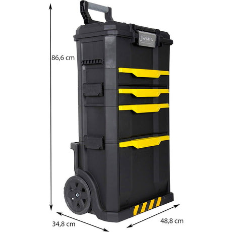 Coffre à outils roulant Stanley noir et jaune, dimensions 86,6x34,8x48,8 cm.