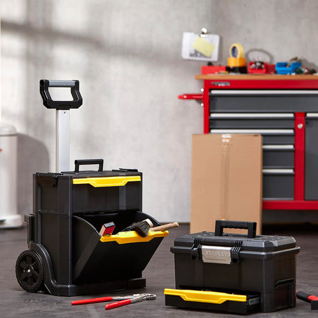 Boîte à outils STANLEY, valise de rangement noire et jaune pour outillage, modèle portable.