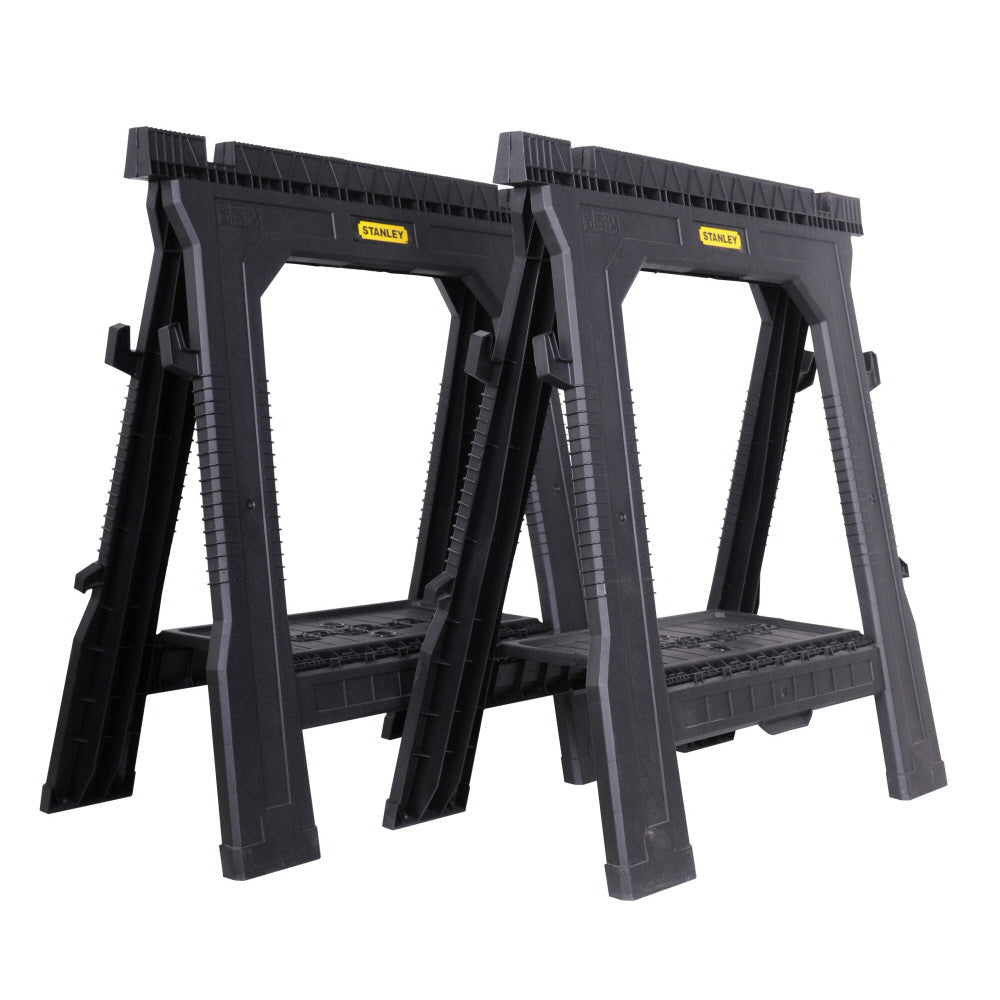 Tréteaux noirs Stanley, outillage pliable en plastique robuste, lot de deux.