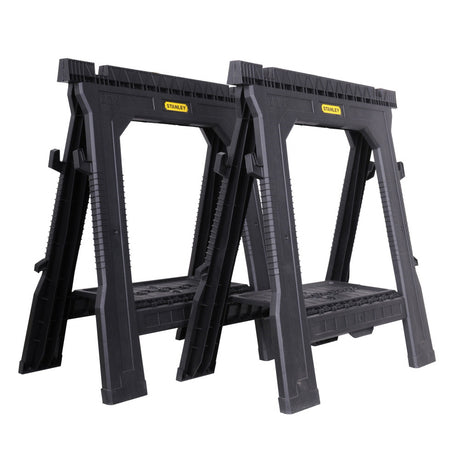 Tréteaux noirs Stanley, outillage pliable en plastique robuste, lot de deux.
