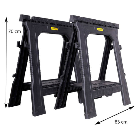 Tréteaux noirs Stanley en plastique, outillage, dimensions 70x83 cm.