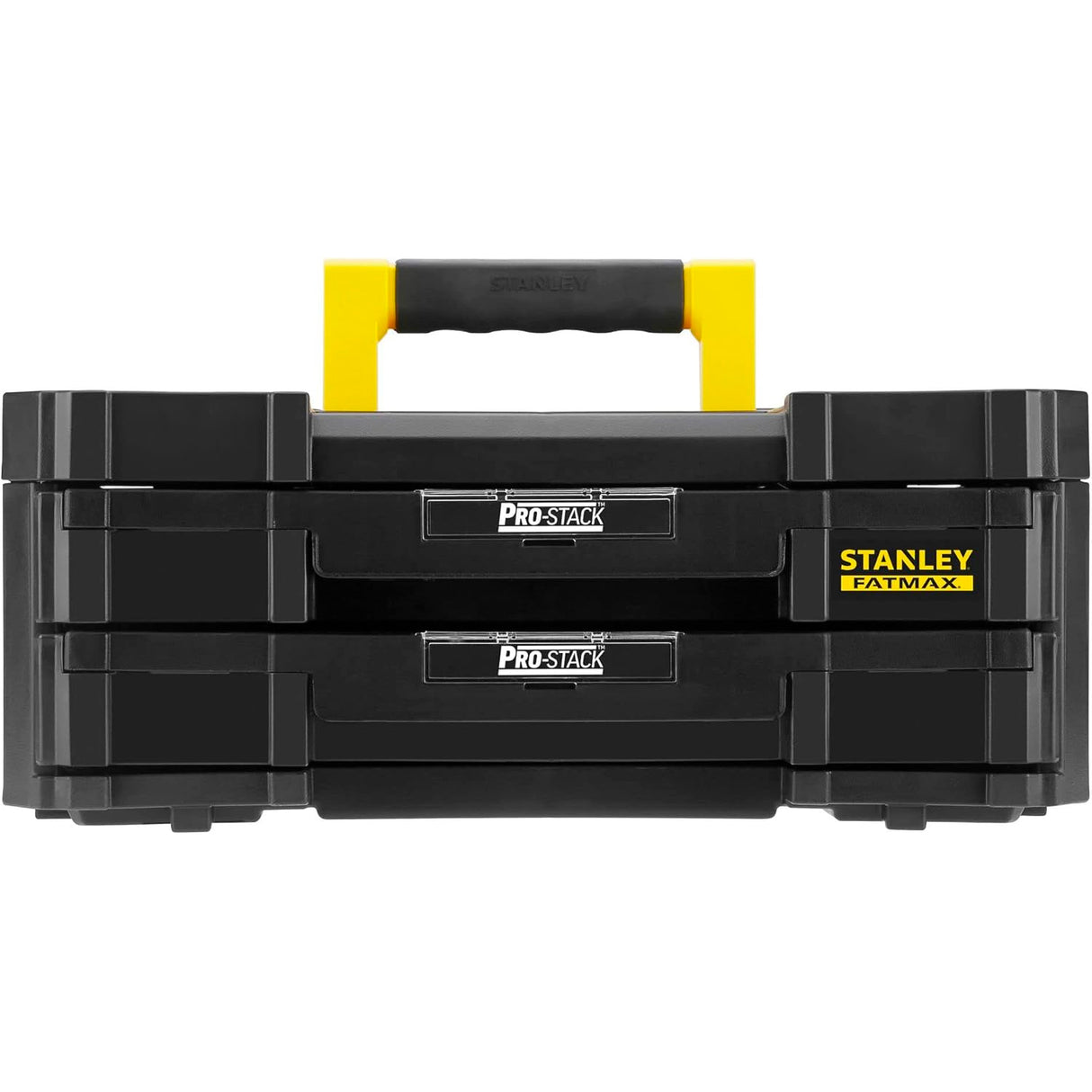 Boîte à outils Stanley Fatmax noire et jaune, modèle Pro-Stack, avec deux tiroirs.